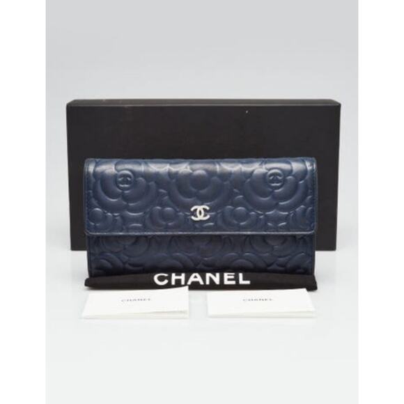 Chanel Blue Camellia Embossed Lambskin Leather L Flap Wallet - Picture 2 of 11